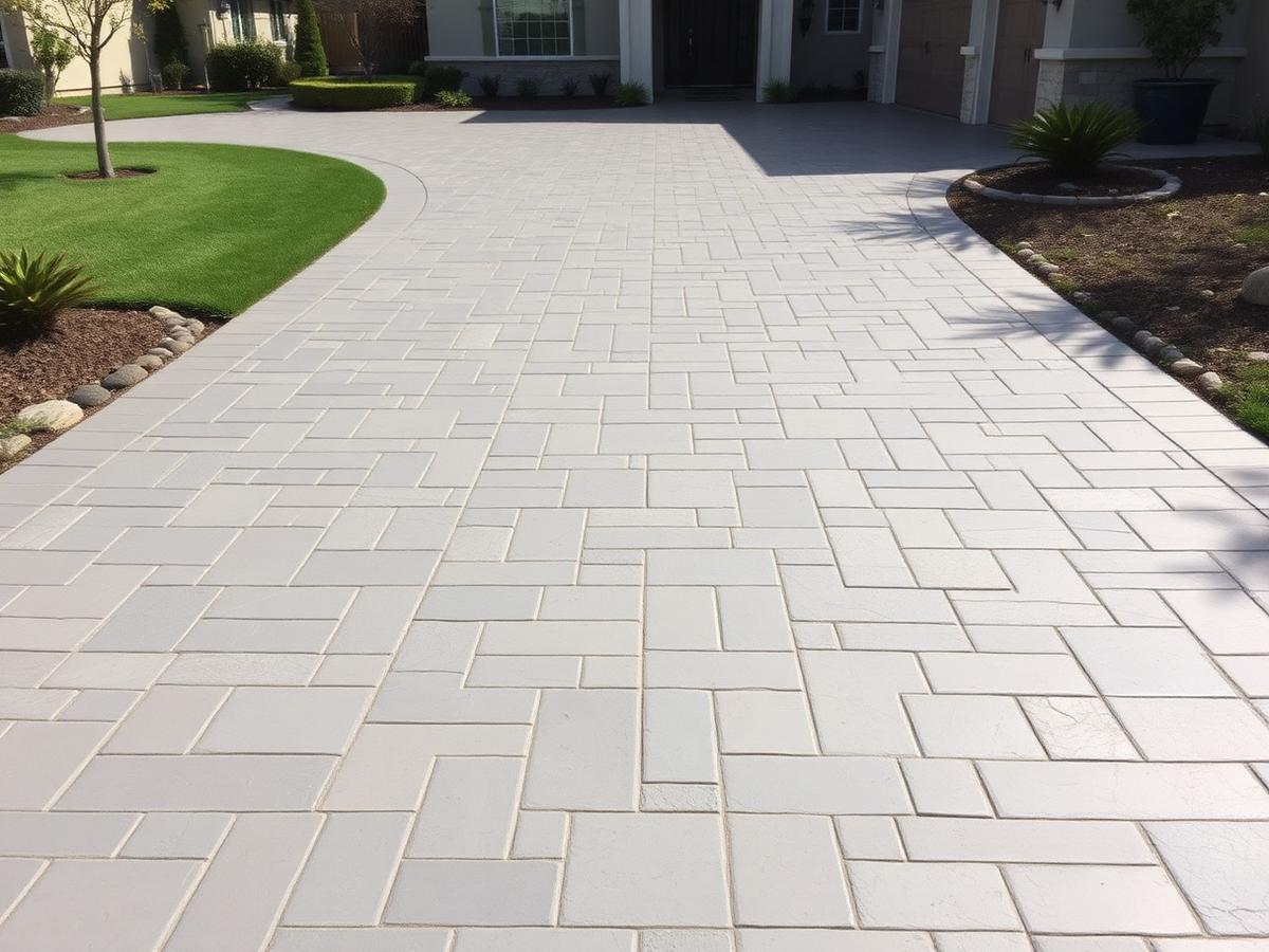 Stamped and colored concrete driveway with ashlar slate pattern
